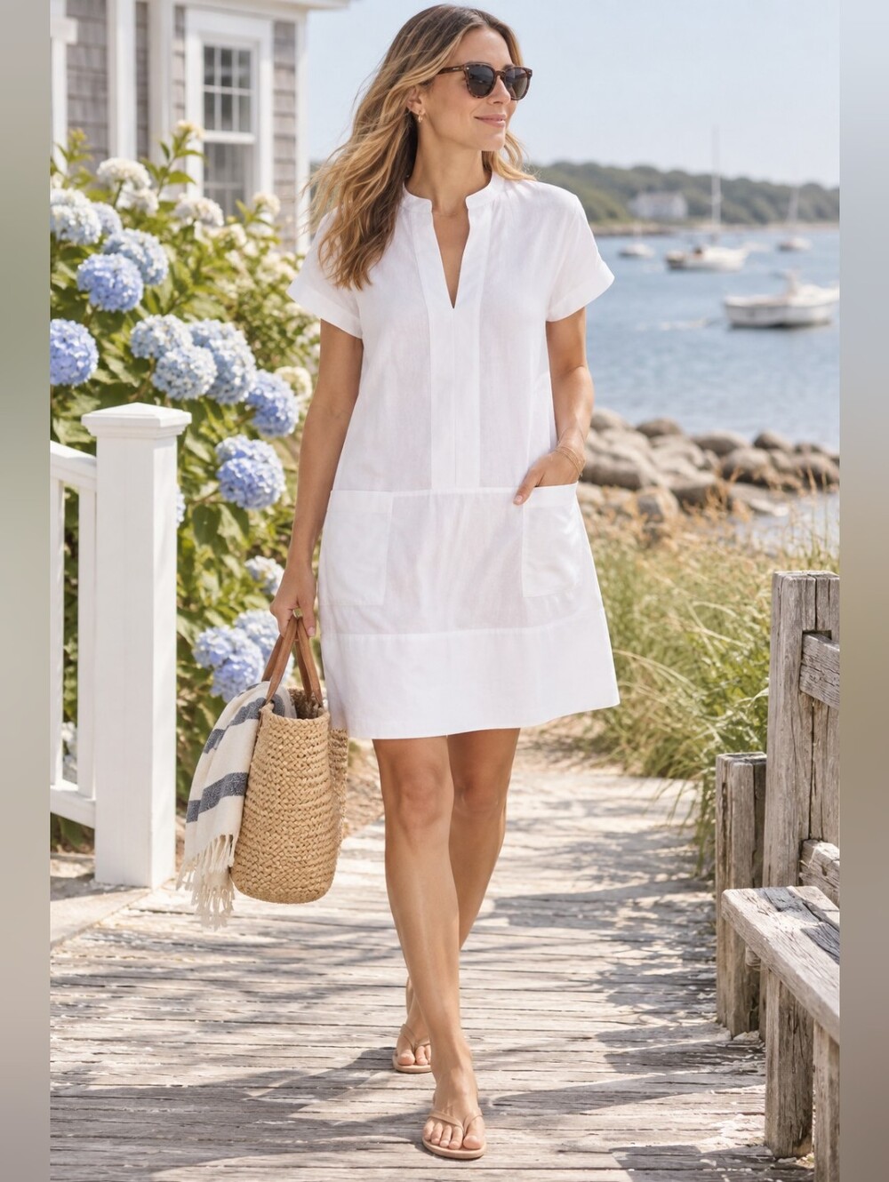 Vince V-neck Roll Sleeve Dress in White Cottagecore Coastal Grandma Women's M